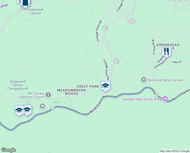 map of restaurants, bars, coffee shops, grocery stores, and more near 910 Crest Fern Drive in Lake Arrowhead