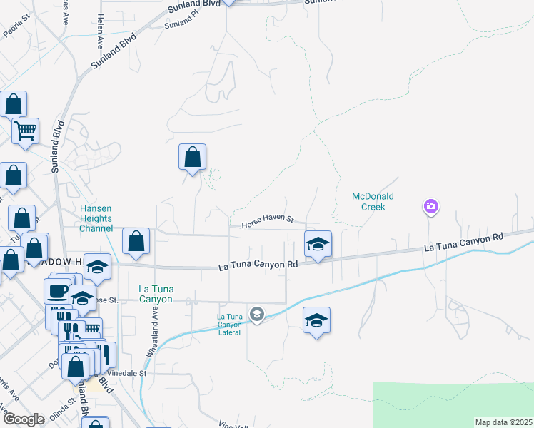 map of restaurants, bars, coffee shops, grocery stores, and more near 10265 Horse Haven Street in Los Angeles
