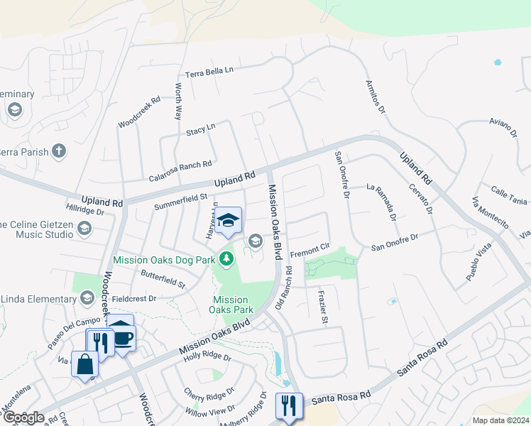 map of restaurants, bars, coffee shops, grocery stores, and more near 5843 Firebird Court in Camarillo