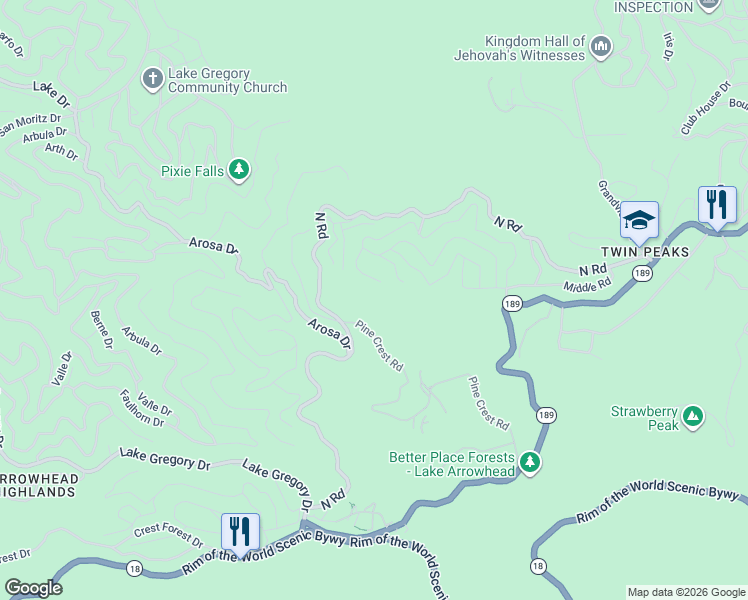 map of restaurants, bars, coffee shops, grocery stores, and more near 25515 True Lane in Twin Peaks