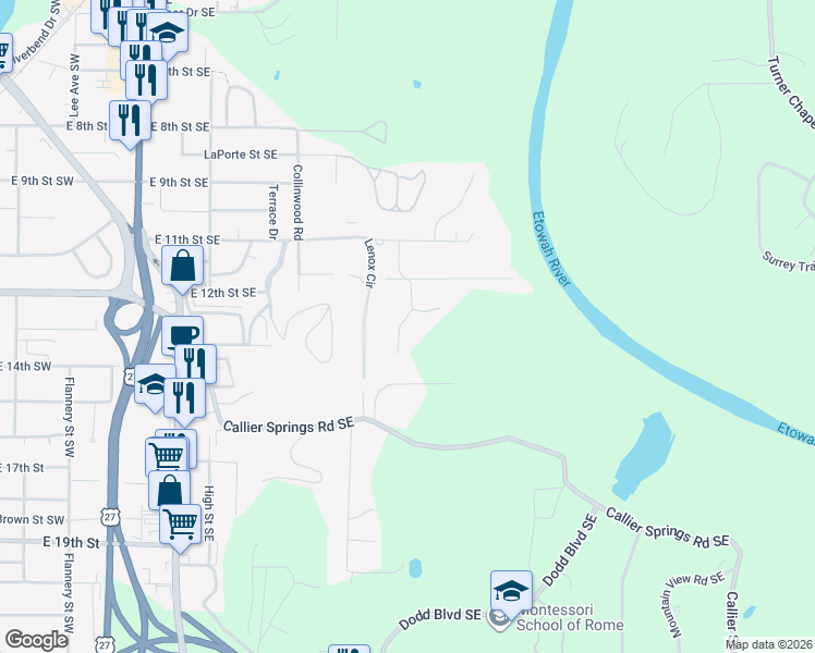 map of restaurants, bars, coffee shops, grocery stores, and more near 33 Gables Drive Southeast in Rome