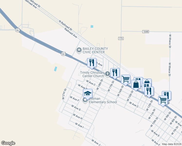 map of restaurants, bars, coffee shops, grocery stores, and more near 201-299 West 20th Street in Muleshoe