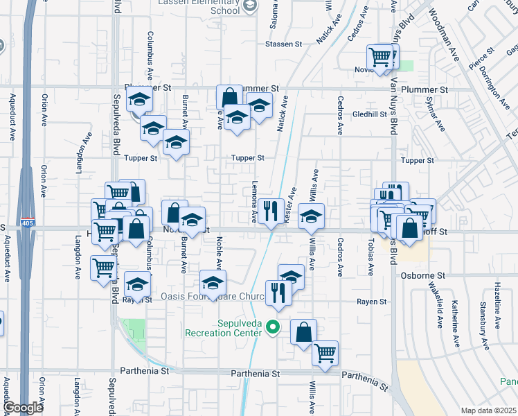 map of restaurants, bars, coffee shops, grocery stores, and more near 9146 Lemona Avenue in Los Angeles