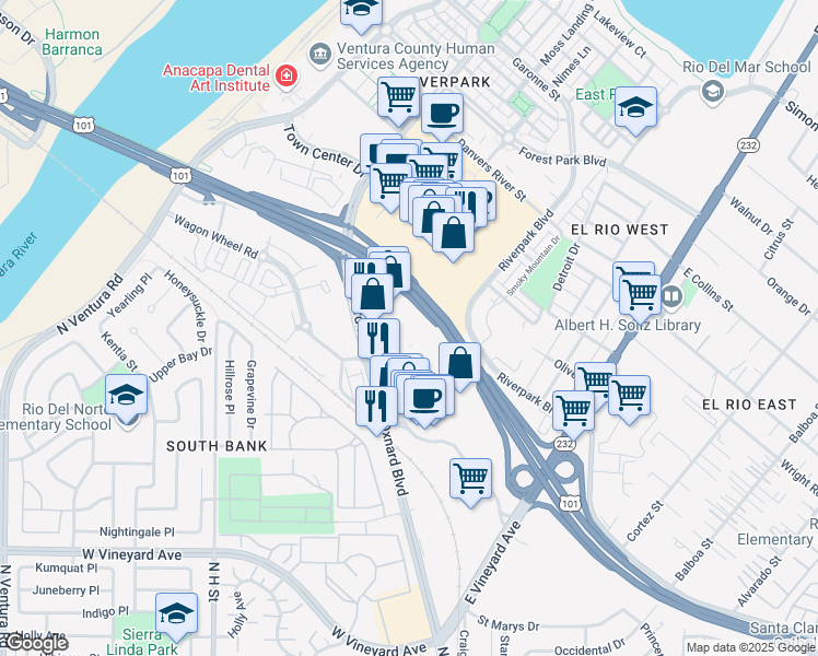 map of restaurants, bars, coffee shops, grocery stores, and more near 411 West Esplanade Drive in Oxnard