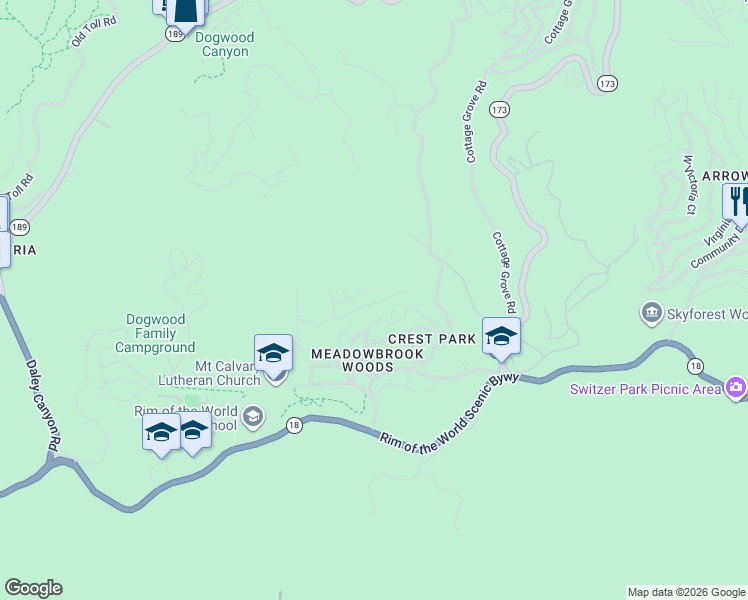 map of restaurants, bars, coffee shops, grocery stores, and more near Meadow Drive in Lake Arrowhead