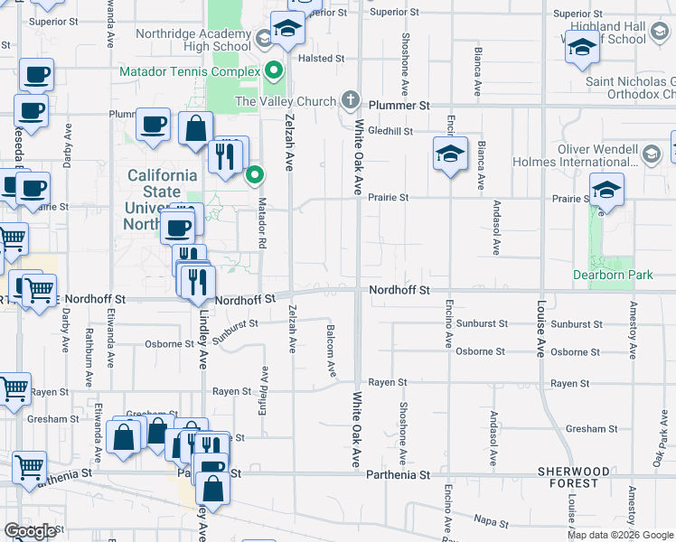 map of restaurants, bars, coffee shops, grocery stores, and more near 9132 Balcom Avenue in Los Angeles