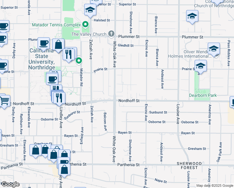map of restaurants, bars, coffee shops, grocery stores, and more near 17645 Nordhoff Street in Los Angeles