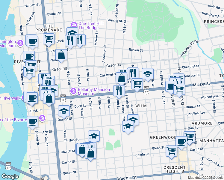 map of restaurants, bars, coffee shops, grocery stores, and more near in Wilmington