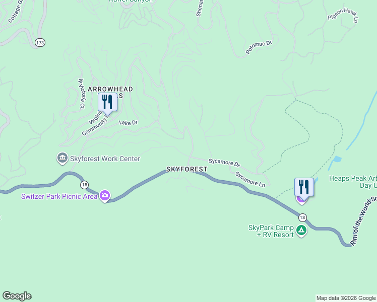 map of restaurants, bars, coffee shops, grocery stores, and more near in Lake Arrowhead