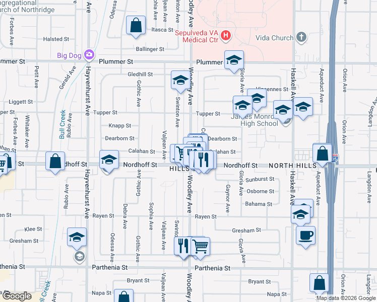 map of restaurants, bars, coffee shops, grocery stores, and more near 9127 Woodley Avenue in Los Angeles