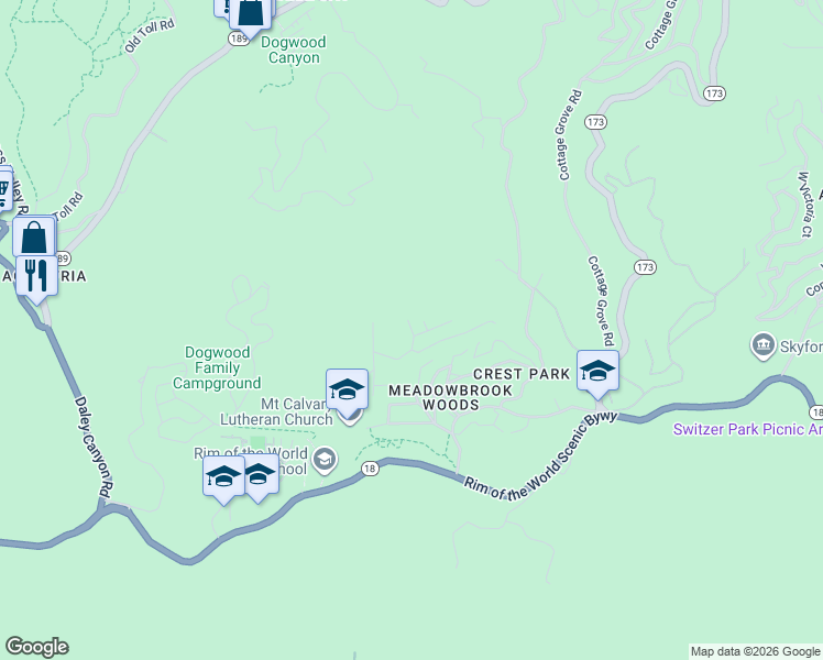 map of restaurants, bars, coffee shops, grocery stores, and more near North in Lake Arrowhead