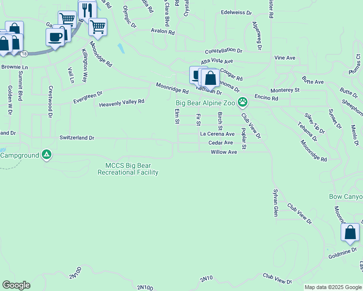 map of restaurants, bars, coffee shops, grocery stores, and more near 42531 Cedar Avenue in Big Bear Lake