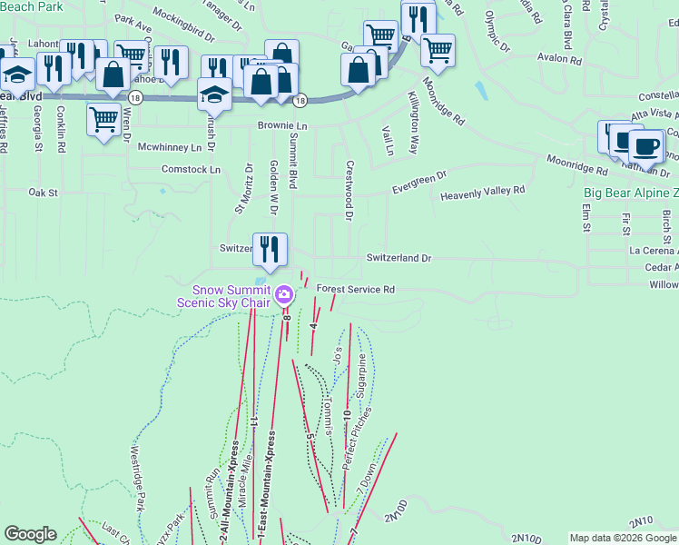 map of restaurants, bars, coffee shops, grocery stores, and more near 41935 Switzerland Drive in Big Bear Lake