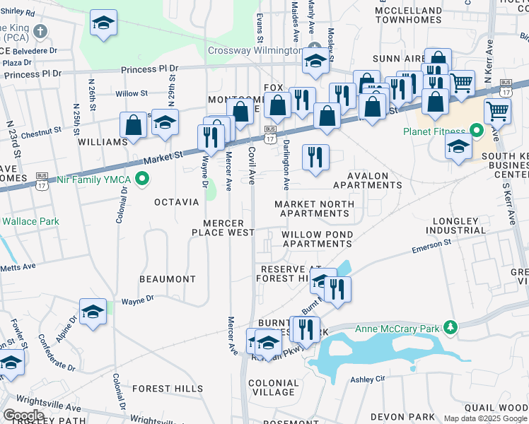 map of restaurants, bars, coffee shops, grocery stores, and more near 123 Covil Avenue in Wilmington