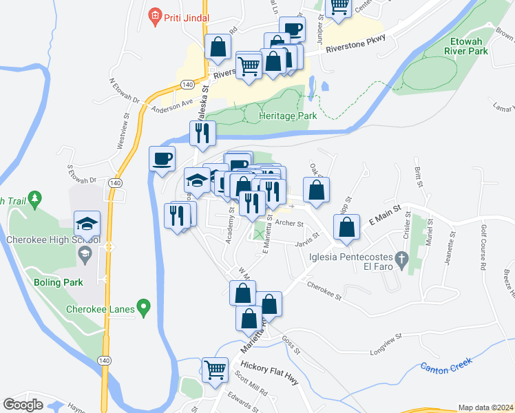 map of restaurants, bars, coffee shops, grocery stores, and more near 101 East Main Street in Canton