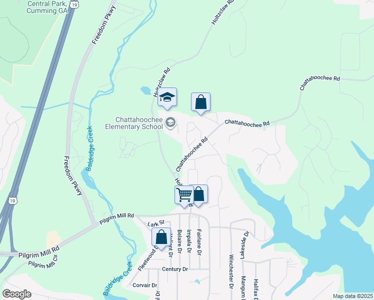 map of restaurants, bars, coffee shops, grocery stores, and more near 2865 Chattahoochee Road in Cumming