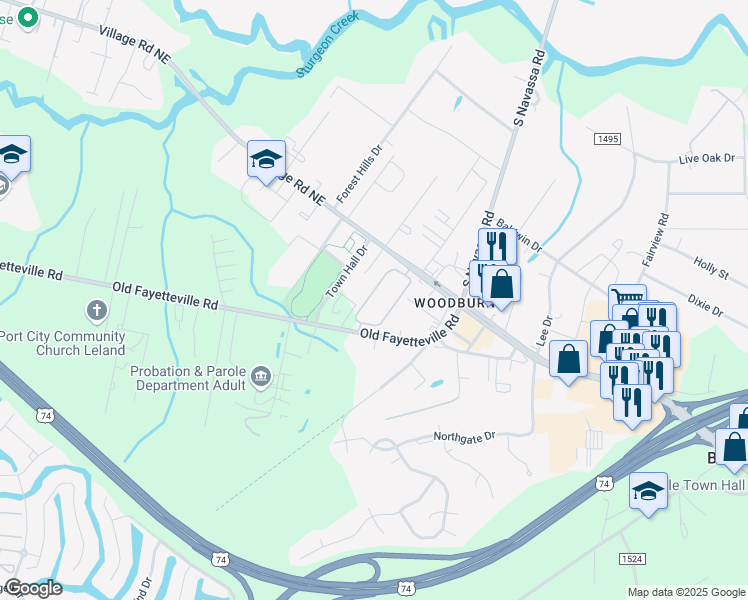 map of restaurants, bars, coffee shops, grocery stores, and more near 118 Parsley Lane in Leland
