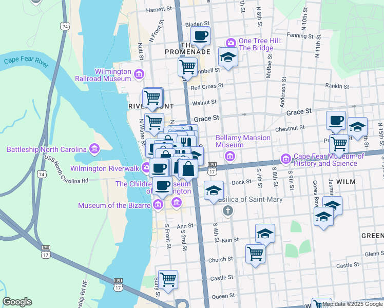 map of restaurants, bars, coffee shops, grocery stores, and more near 100 North 3rd Street in Wilmington