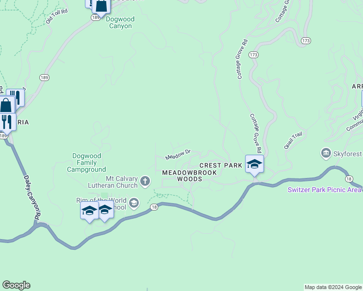 map of restaurants, bars, coffee shops, grocery stores, and more near Cappy Drive in Lake Arrowhead