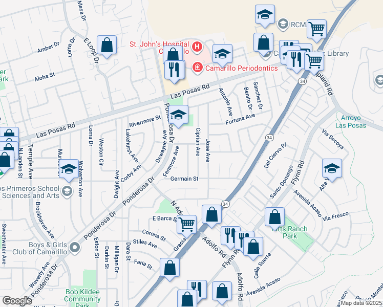 map of restaurants, bars, coffee shops, grocery stores, and more near 1842 Roman Avenue in Camarillo