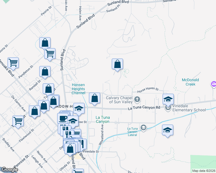 map of restaurants, bars, coffee shops, grocery stores, and more near Tuxford Street in Los Angeles