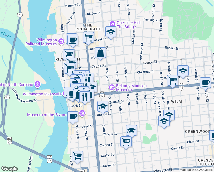 map of restaurants, bars, coffee shops, grocery stores, and more near 503 Market Street in Wilmington