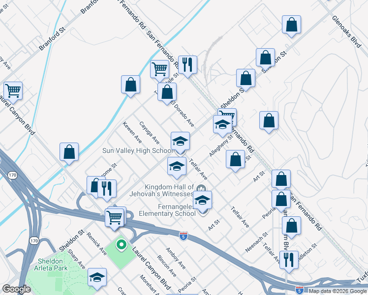 map of restaurants, bars, coffee shops, grocery stores, and more near 9166 Telfair Avenue in Los Angeles