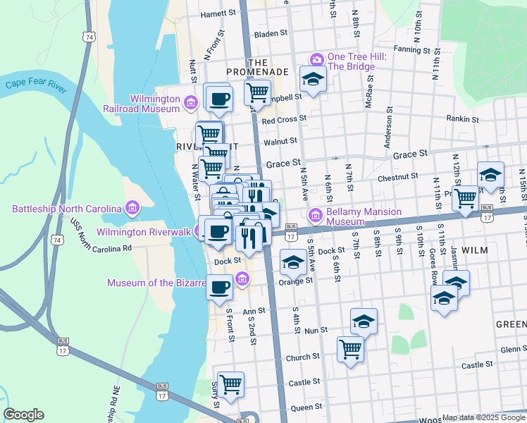 map of restaurants, bars, coffee shops, grocery stores, and more near 7 North 3rd Street in Wilmington