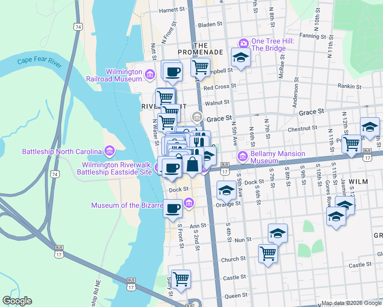 map of restaurants, bars, coffee shops, grocery stores, and more near 15 North 2nd Street in Wilmington
