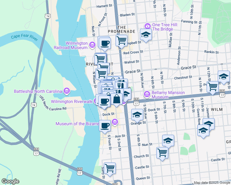 map of restaurants, bars, coffee shops, grocery stores, and more near 208 Market Street in Wilmington