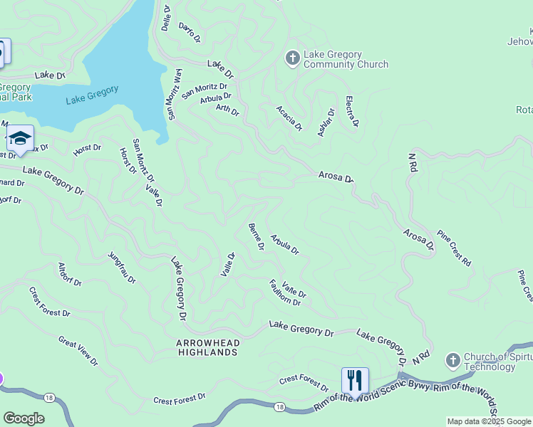 map of restaurants, bars, coffee shops, grocery stores, and more near 920 Arbula Drive in Crestline