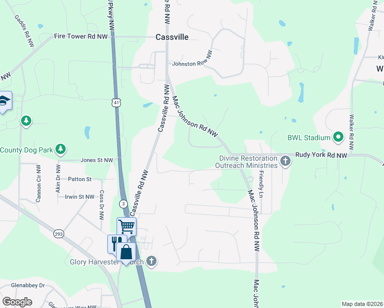map of restaurants, bars, coffee shops, grocery stores, and more near 29 Alisha Circle Northwest in Cartersville