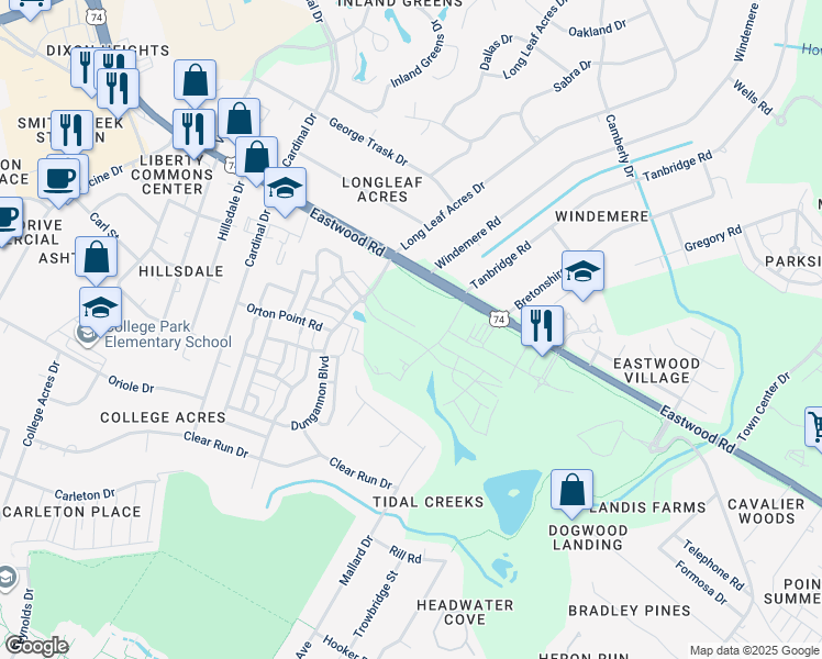 map of restaurants, bars, coffee shops, grocery stores, and more near 5543 Old Garden Road in Wilmington