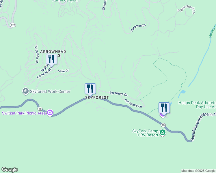 map of restaurants, bars, coffee shops, grocery stores, and more near 920 Oak Road in Lake Arrowhead