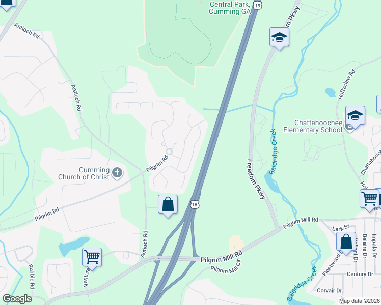 map of restaurants, bars, coffee shops, grocery stores, and more near 2855 Mayfair Drive in Cumming