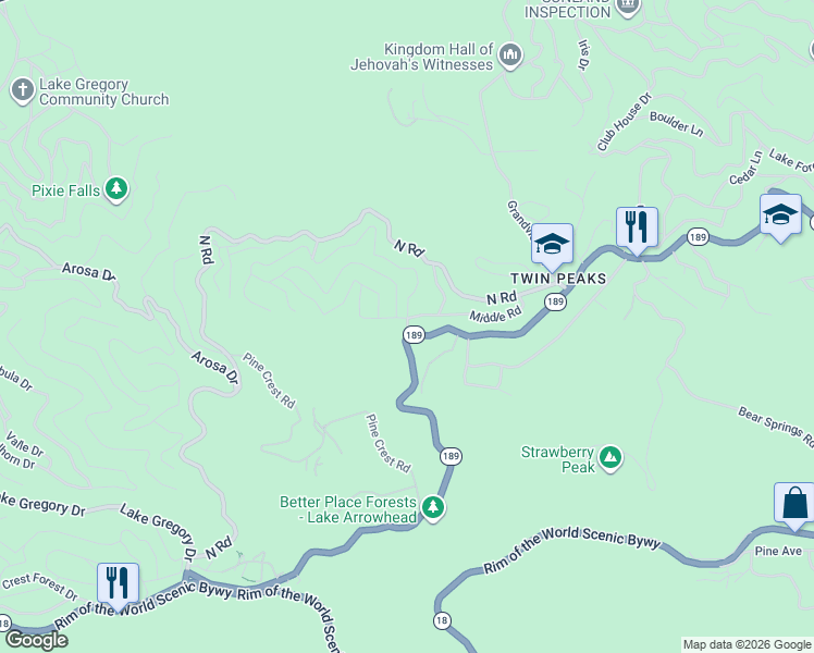 map of restaurants, bars, coffee shops, grocery stores, and more near Mid Lane in Twin Peaks