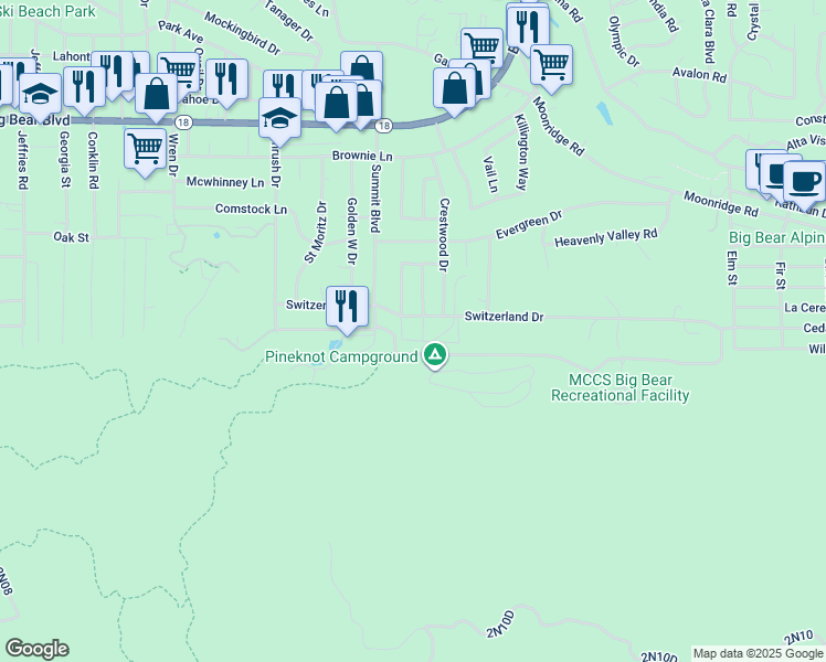 map of restaurants, bars, coffee shops, grocery stores, and more near 41935 Switzerland Drive in Big Bear Lake