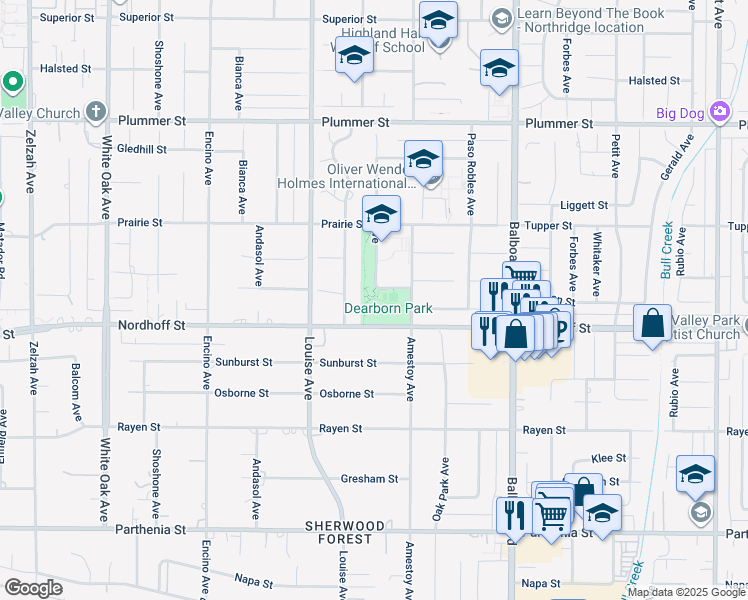 map of restaurants, bars, coffee shops, grocery stores, and more near 17141 Nordhoff Street in Los Angeles