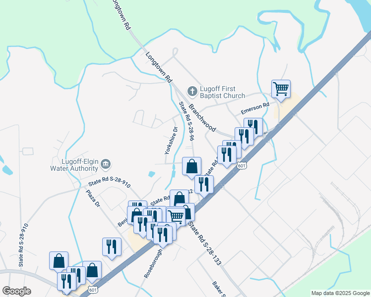 map of restaurants, bars, coffee shops, grocery stores, and more near 198 Hampton Court in Lugoff