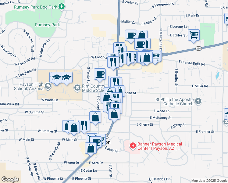 map of restaurants, bars, coffee shops, grocery stores, and more near 414 South Beeline Highway in Payson