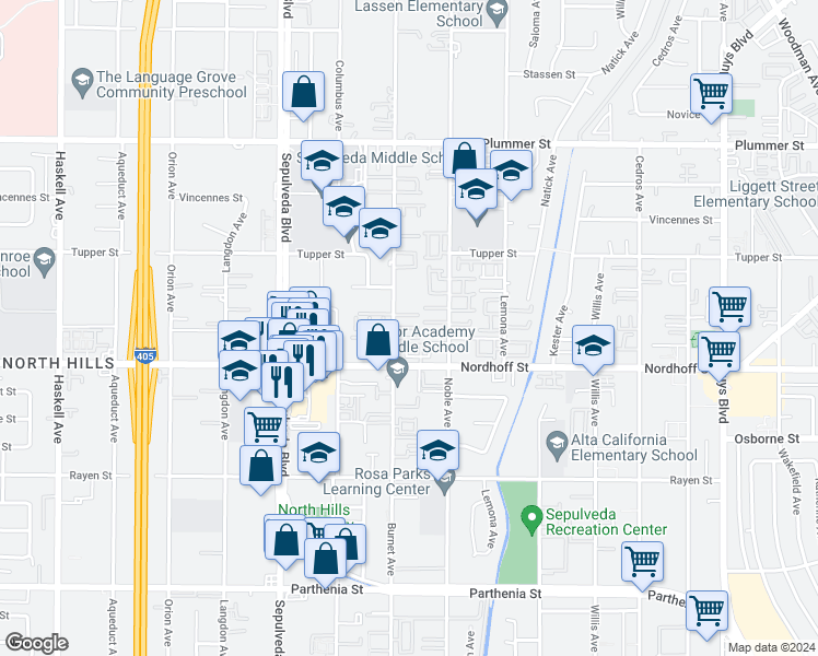 map of restaurants, bars, coffee shops, grocery stores, and more near 9144 Burnet Avenue in Los Angeles