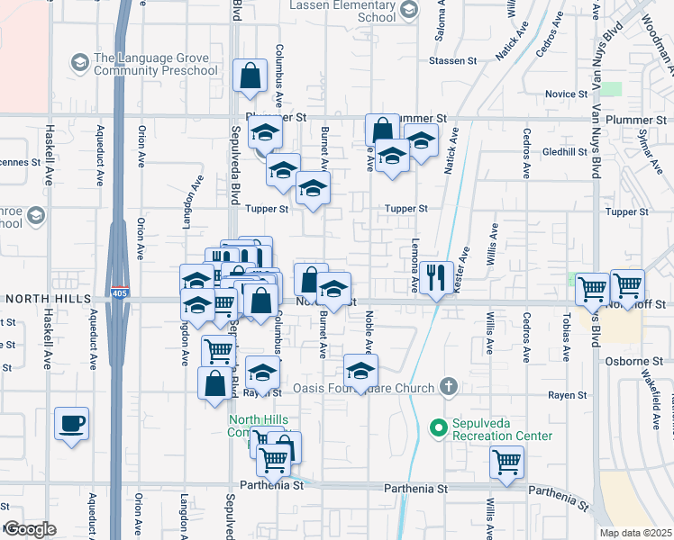 map of restaurants, bars, coffee shops, grocery stores, and more near 15135 Nordhoff Street in Los Angeles