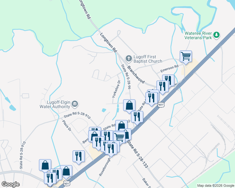 map of restaurants, bars, coffee shops, grocery stores, and more near 116 State Road S-28-664 in Lugoff