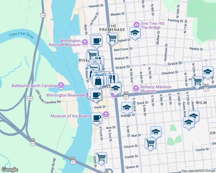 map of restaurants, bars, coffee shops, grocery stores, and more near 209 Princess Street in Wilmington