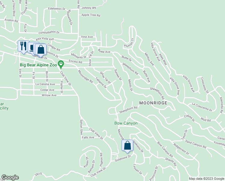 map of restaurants, bars, coffee shops, grocery stores, and more near 842 Silver Tip Drive in Big Bear Lake