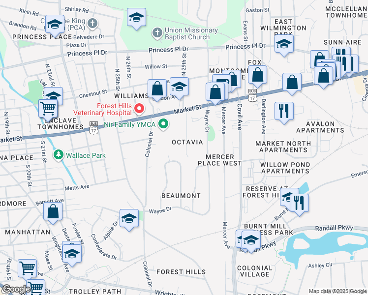 map of restaurants, bars, coffee shops, grocery stores, and more near 134 South 29th Street in Wilmington