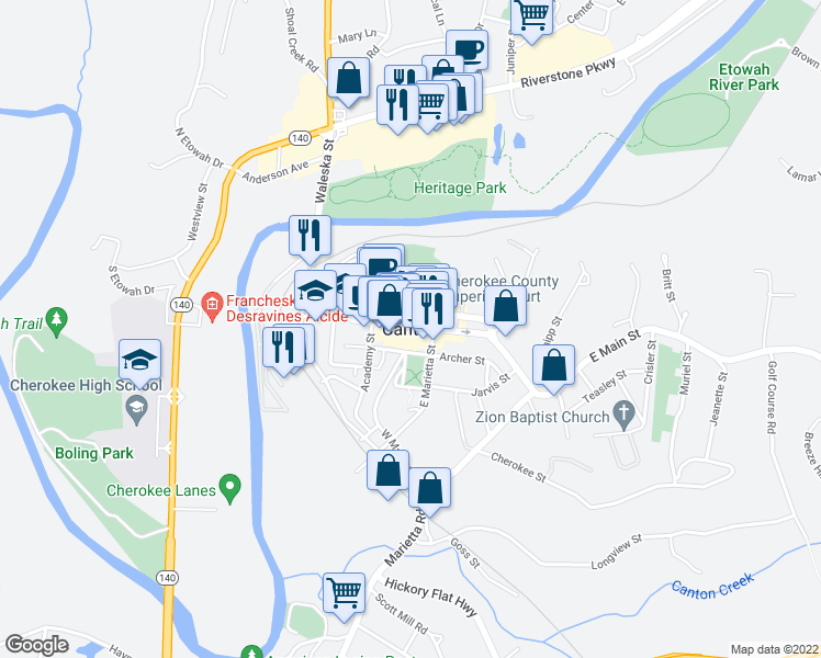 map of restaurants, bars, coffee shops, grocery stores, and more near in Canton