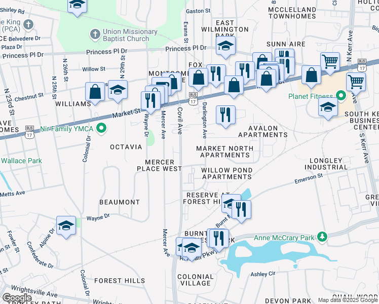 map of restaurants, bars, coffee shops, grocery stores, and more near 115 Covil Avenue in Wilmington
