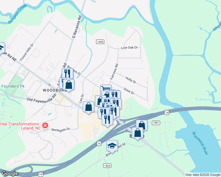 map of restaurants, bars, coffee shops, grocery stores, and more near 121 Fairview Road in Leland