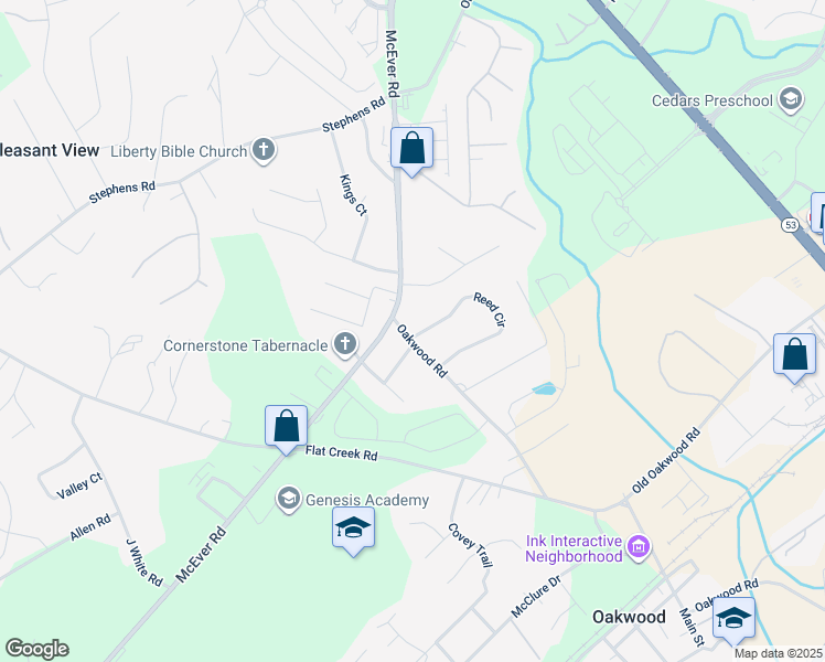 map of restaurants, bars, coffee shops, grocery stores, and more near 4108 Oakwood Road in Oakwood